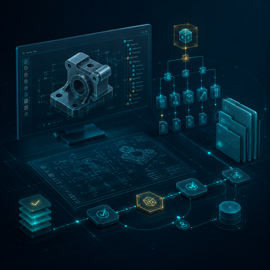 CAx, PLM und Datenstruktur Symbolisches Bild für CAD-, Zeichnungs-, BOM-, Datenstands- und PLM-Themen.