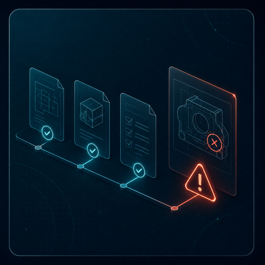 Symbolisches Bild für späte technische Risiken, kritische Merkmale und Freigabethemen.